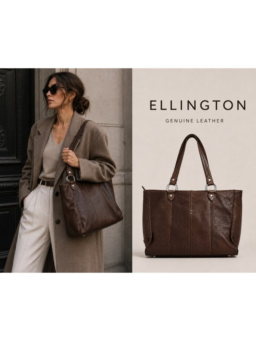 Ellington Brown Pebbled Leather Large Tote Shoulder Bag Classic Work Everyday
